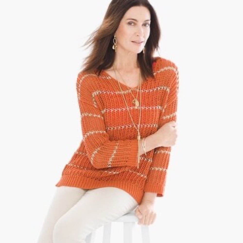 Chicos Shine Striped Charlotte Pullover Sweater in Orange and Silver. Size 3